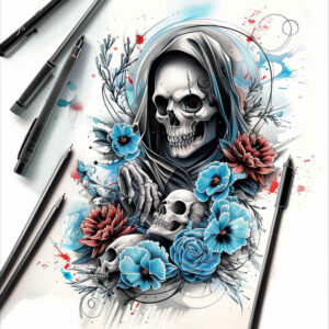 death-figure – tattoo design ideas free ai generated – surrealism-shifting-shapes – for-ankle – Gallery: grim-reaper-inkby-ai