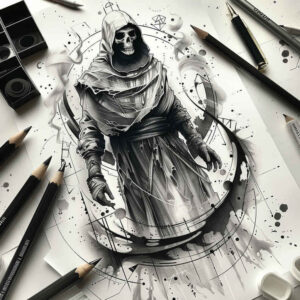 death-figure-tattoo-murky-realism-dynamic-shadows – tattoo design ideas free ai generated – Gallery: grim-reaper-inkby-ai