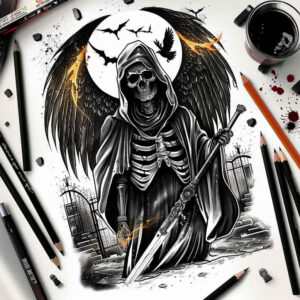 death-figure-tattoo – tattoo design ideas free ai generated – surrealism-translucent-layers – for-upper-thigh – Gallery: grim-reaper-inkby-ai
