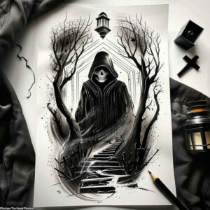 death-guardian – tattoo design ideas free ai generated – realism-realistic-movement – for-shoulder-blade – Gallery: grim-reaper-inkby-ai