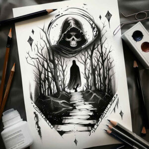 death-portrait – tattoo design ideas free ai generated – surrealism-abstract-forms – for-forearm – Gallery: grim-reaper-inkby-ai