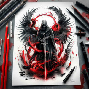 death-shadow – tattoo design ideas free ai generated – realism-glowing-edges – for-upper-arm – Gallery: grim-reaper-inkby-ai