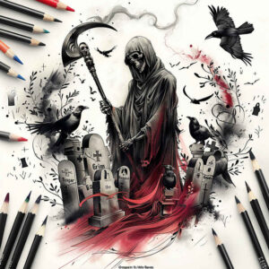 death-silhouette – tattoo design ideas free ai generated – surrealism-altered-reality – for-sternum – Gallery: grim-reaper-inkby-ai