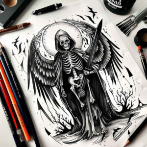 death-symbol – tattoo design ideas free ai generated – neotraditional-layered-fill – for-lower-thigh – Gallery: grim-reaper-inkby-ai
