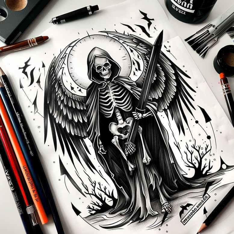death-symbol – tattoo design ideas free ai generated – neotraditional-layered-fill – for-lower-thigh – Gallery: grim-reaper-inkby-ai