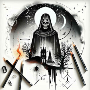 death-symbol – tattoo design ideas free ai generated – surrealism-vivid-hallucination – for-collarbone – Gallery: grim-reaper-inkby-ai