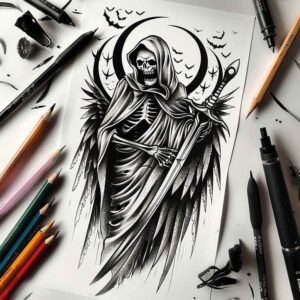 death-symbolism – tattoo design ideas free ai generated – realism-true-skin – for-shoulder – Gallery: grim-reaper-inkby-ai