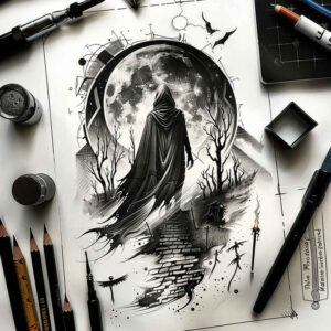 death-tattoo – tattoo design ideas free ai generated – neotraditional-rich-shading – for-sternum – Gallery: grim-reaper-inkby-ai