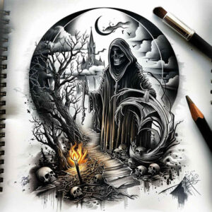 death-with-scythe – tattoo design ideas free ai generated – neotraditional-vivid-color – for-upper-shoulder – Gallery: grim-reaper-inkby-ai