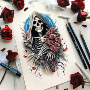 deaths-cloak – tattoo design ideas free ai generated – surrealism-shimmering-forms – for-elbow – Gallery: grim-reaper-inkby-ai