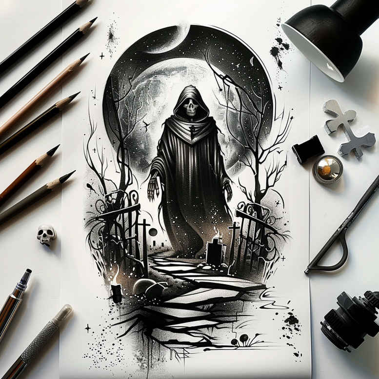 deaths-hand – tattoo design ideas free ai generated – neotraditional-bold-highlights – for-side-torso – Gallery: grim-reaper-inkby-ai