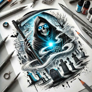 deaths-messenger – tattoo design ideas free ai generated – neotraditional-modern-twist – for-shin – Gallery: grim-reaper-inkby-ai