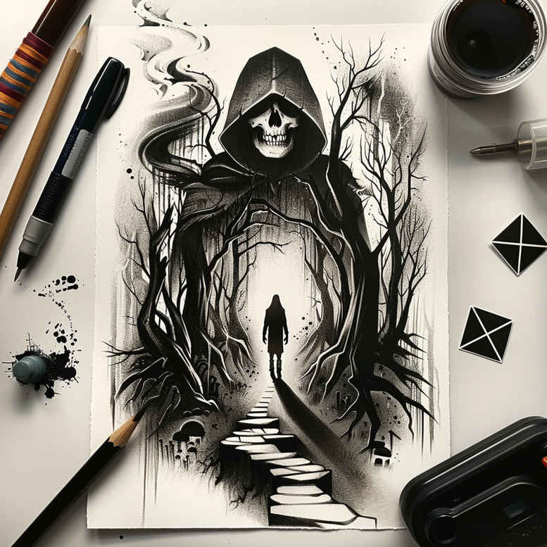 deaths-messenger – tattoo design ideas free ai generated – realism-crisp-detail – for-neck – Gallery: grim-reaper-inkby-ai