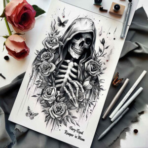 deaths-messenger – tattoo design ideas free ai generated – surrealism-unreal-light – for-lower-arm – Gallery: grim-reaper-inkby-ai
