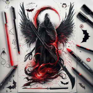 deaths-scythe – tattoo design ideas free ai generated – surrealism-ghostly-shapes – for-outer-arm – Gallery: grim-reaper-inkby-ai