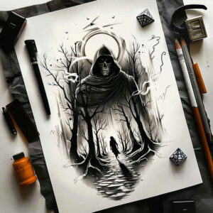 shadowy-figure-twisted-neotraditional-classic-motifs – tattoo design ideas free ai generated – Gallery: grim-reaper-inkby-ai