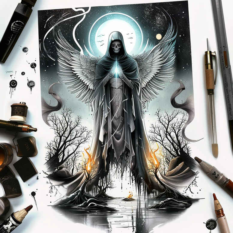 end-of-life-symbol – tattoo design ideas free ai generated – realism-glass-effect – for-calf – Gallery: grim-reaper-inkby-ai
