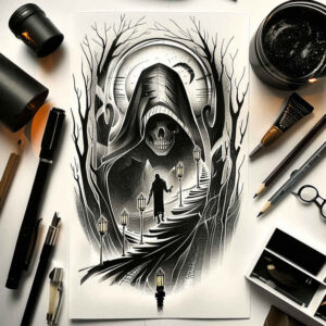 for-women – tattoo design ideas free ai generated – neotraditional-expressive-lines – for-full-back – Gallery: grim-reaper-inkby-ai