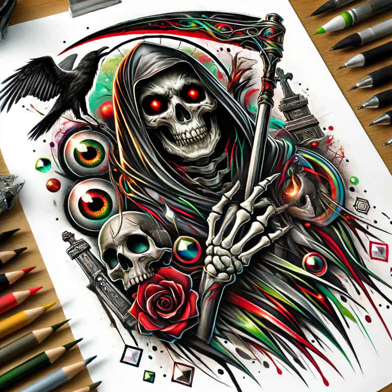 ghostly-reaper – tattoo design ideas free ai generated – surrealism-abstract – for-temple – Gallery: grim-reaper-inkby-ai