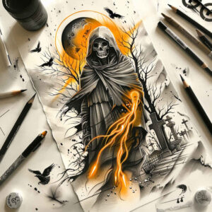 ghostly-reaper – tattoo design ideas free ai generated – surrealism-beyond-reality – for-upper-back – Gallery: grim-reaper-inkby-ai