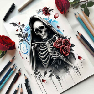 grim-figure – tattoo design ideas free ai generated – neotraditional-contrasting-colors – for-neck – Gallery: grim-reaper-inkby-ai