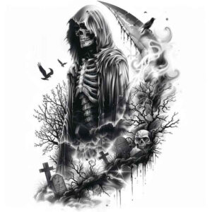 grim-figure – tattoo design ideas free ai generated – surrealism-fantastical – for-shin – Gallery: grim-reaper-inkby-ai