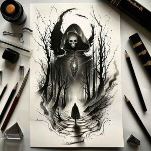 grim-reaper – tattoo design ideas free ai generated – surrealism-timeless – for-lower-leg – Gallery: grim-reaper-inkby-ai
