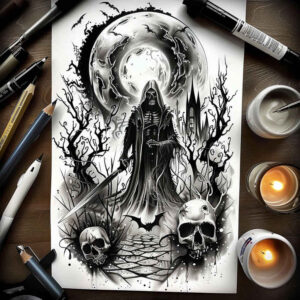 deaths-cloak-murky-neotraditional-rich-shading – tattoo design ideas free ai generated – Gallery: grim-reaper-inkby-ai