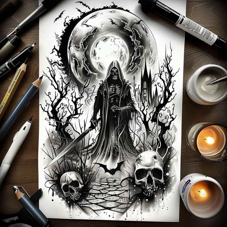 deaths-cloak-murky-neotraditional-rich-shading – tattoo design ideas free ai generated – Gallery: grim-reaper-inkby-ai