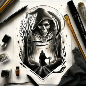 hooded-reaper – tattoo design ideas free ai generated – neotraditional-color-overlays – for-foot – Gallery: grim-reaper-inkby-ai