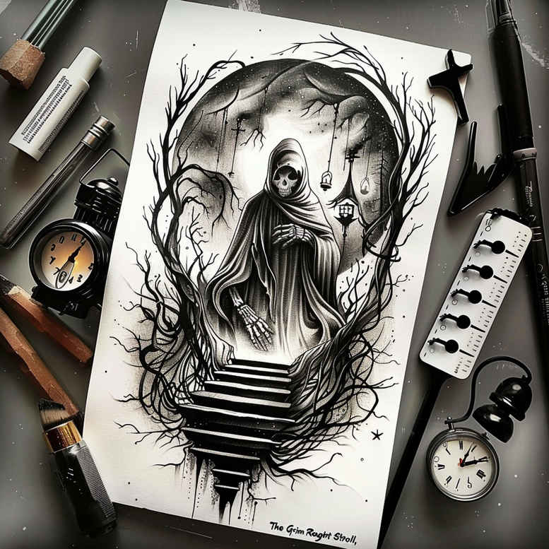 hooded-reaper – tattoo design ideas free ai generated – neotraditional-gradient-fills – for-wrist – Gallery: grim-reaper-inkby-ai