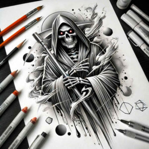mysterious-figure – tattoo design ideas free ai generated – melting – for-calf – Gallery: grim-reaper-inkby-ai