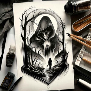 mysterious-reaper – tattoo design ideas free ai generated – neotraditional-clean-fill – for-fingers – Gallery: grim-reaper-inkby-ai
