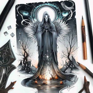 passage-symbol – tattoo design ideas free ai generated – neotraditional-dynamic-color – for-behind-ear – Gallery: grim-reaper-inkby-ai