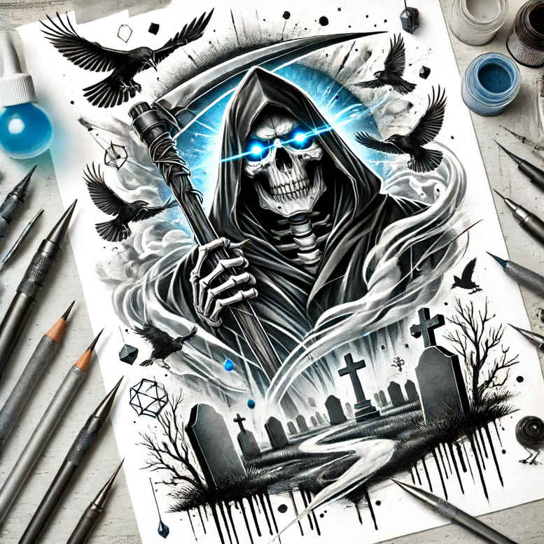reaper-and-time-for-men – tattoo design ideas free ai generated – strange-laughter – for-back – Gallery: grim-reaper-inkby-ai