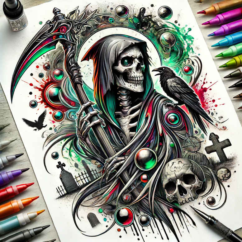 reaper-artwork – tattoo design ideas free ai generated – neotraditional-bold-highlights – for-sternum – Gallery: grim-reaper-inkby-ai