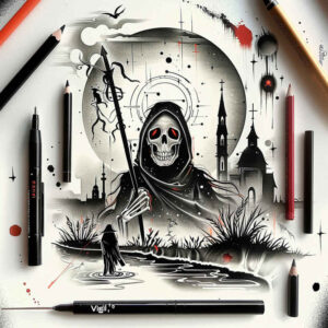 reaper-artwork – tattoo design ideas free ai generated – neotraditional-classic-motifs – for-lower-thigh – Gallery: grim-reaper-inkby-ai