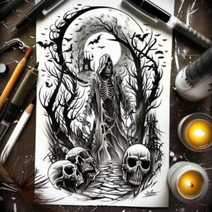 reaper-artwork – tattoo design ideas free ai generated – neotraditional-decorative-elements – for-stomach – Gallery: grim-reaper-inkby-ai