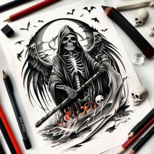 reaper-design – tattoo design ideas free ai generated – neotraditional-sharp-contrast – for-collarbone – Gallery: grim-reaper-inkby-ai
