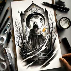reaper-design – tattoo design ideas free ai generated – realism-highlighted-contrast – for-knee – Gallery: grim-reaper-inkby-ai