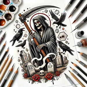 death-silhouette-sinister-neotraditional-color-overlays – tattoo design ideas free ai generated – Gallery: grim-reaper-inkby-ai