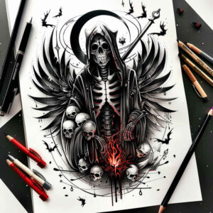 reaper-emblem – tattoo design ideas free ai generated – realism-soft-highlights – for-back – Gallery: grim-reaper-inkby-ai