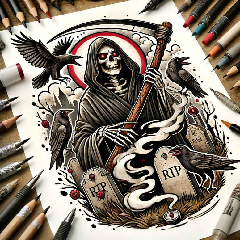 reaper-emblem – tattoo design ideas free ai generated – surrealism-unreal – for-nape – Gallery: grim-reaper-inkby-ai