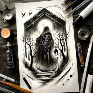 reaper-with-scythe – tattoo design ideas free ai generated – abandoned – for-abdomen – Gallery: grim-reaper-inkby-ai