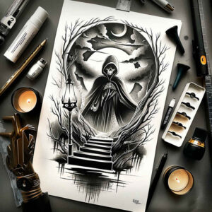 reaper-with-scythe – tattoo design ideas free ai generated – neotraditional-artistic-contrast – for-lower-thigh – Gallery: grim-reaper-inkby-ai