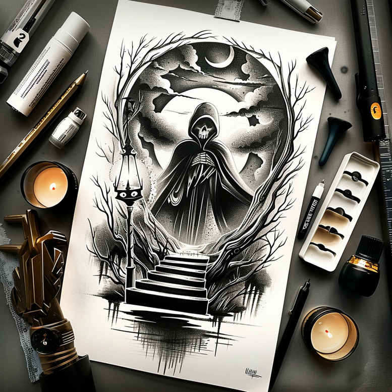 reaper-with-scythe – tattoo design ideas free ai generated – neotraditional-artistic-contrast – for-lower-thigh – Gallery: grim-reaper-inkby-ai