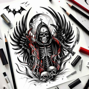 reaper-with-scythe – tattoo design ideas free ai generated – realism-cgi-realism – for-nape – Gallery: grim-reaper-inkby-ai