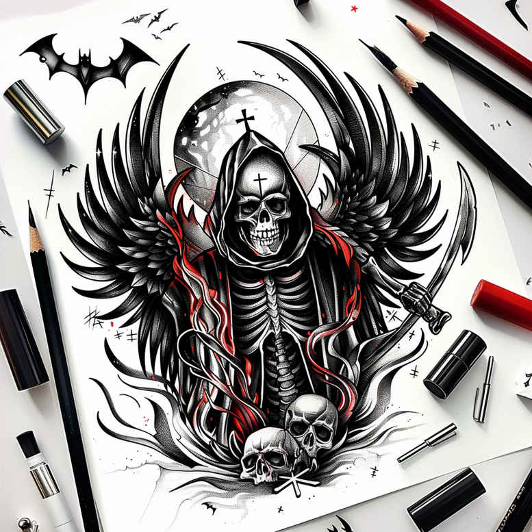 reaper-with-scythe – tattoo design ideas free ai generated – realism-cgi-realism – for-nape – Gallery: grim-reaper-inkby-ai
