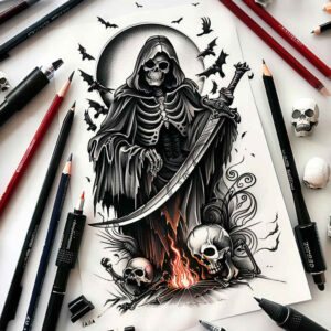apocalyptic-reaper-black-fog-surrealism-hallucinogenic – tattoo design ideas free ai generated – Gallery: grim-reaper-inkby-ai