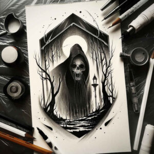 scythe-wielder – tattoo design ideas free ai generated – neotraditional-bold-texture – for-inner-arm – Gallery: grim-reaper-inkby-ai